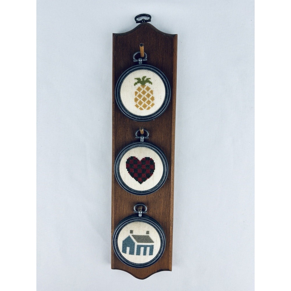 Vintage 1970s Miniature Hoop Cross Stitch Wall Hanging Wood Pineapple Heart Home